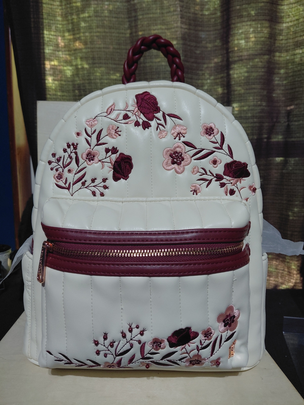 Loungefly White Quilted Mini Backpack with Burgundy Floral Embroidery